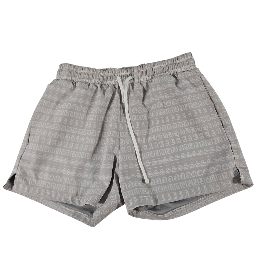 Squidhaus Mens Tan Monogram Gothic Print Athletic Gym Shorts Size Medium